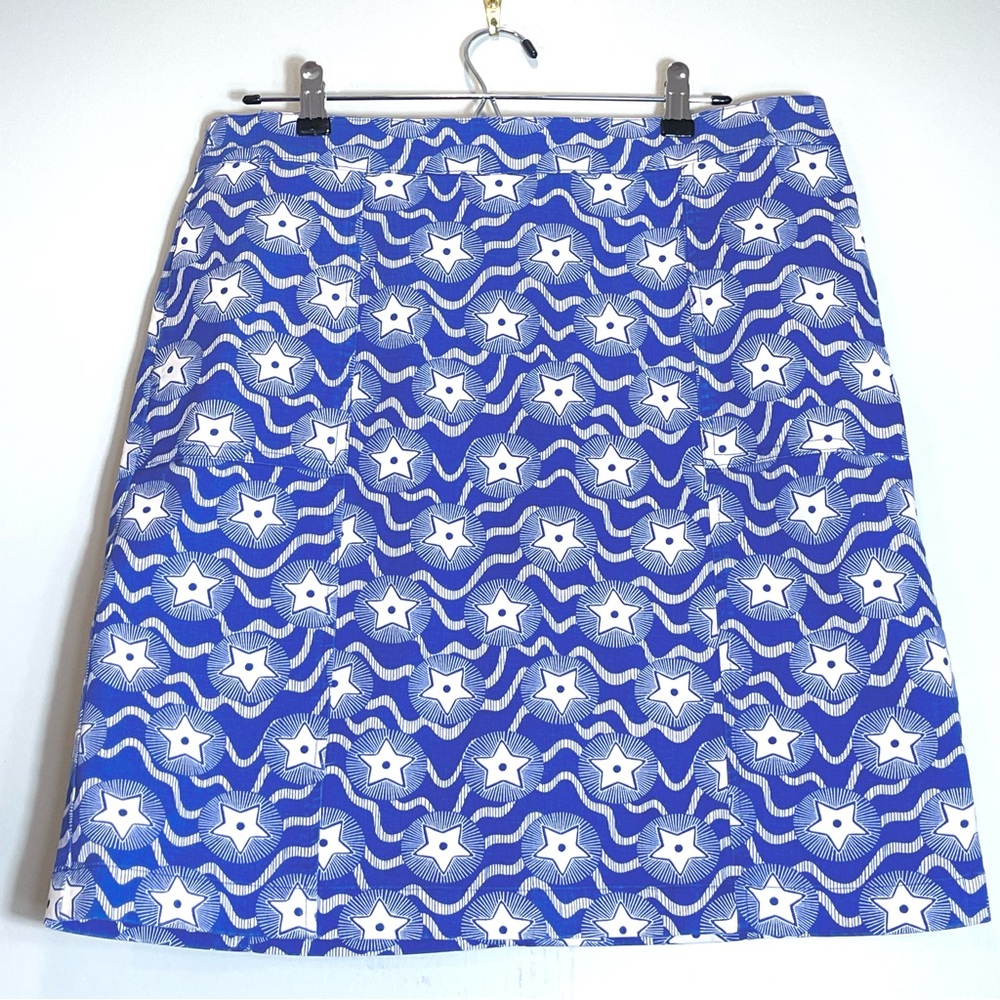 BODEN Women's Helena Chino Mini Skirt Blue White Star Print Stretch Size 10 Long